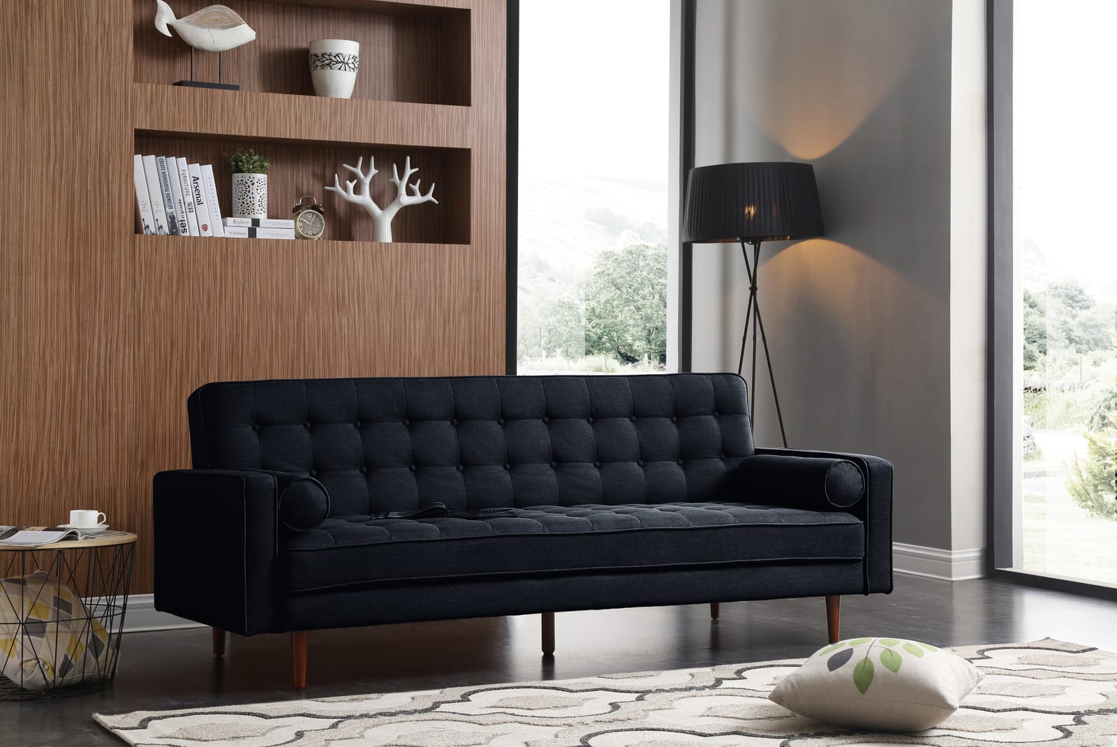 Marcella Fabric - Black Velvet 3-Seater Button-Tufted Sofa Bed