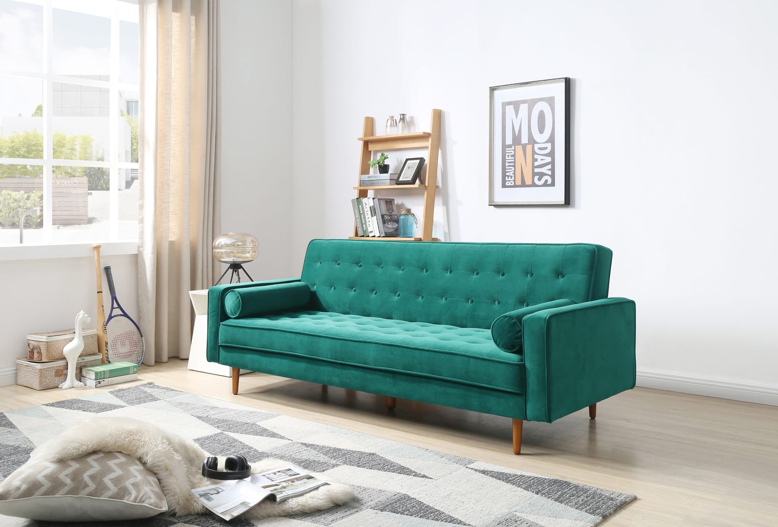 Green Velvet 3-Seater Button-Tufted Sofa Bed | Velvet finish
