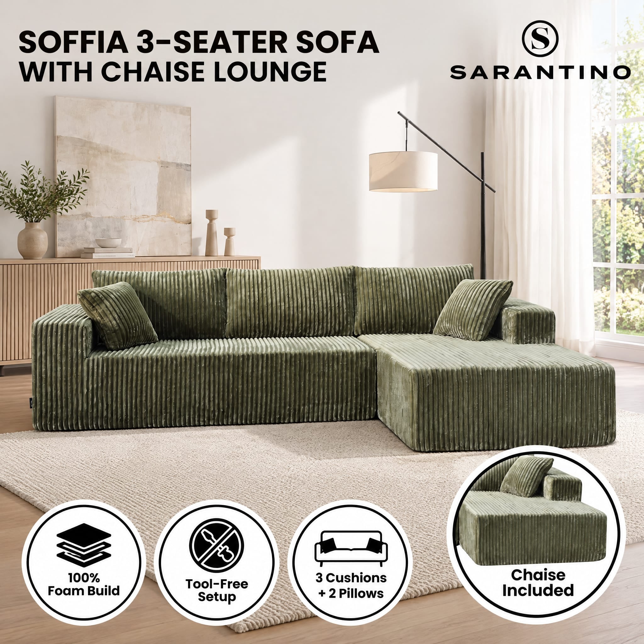 Corner Sofa Green Chaise 1x3cm