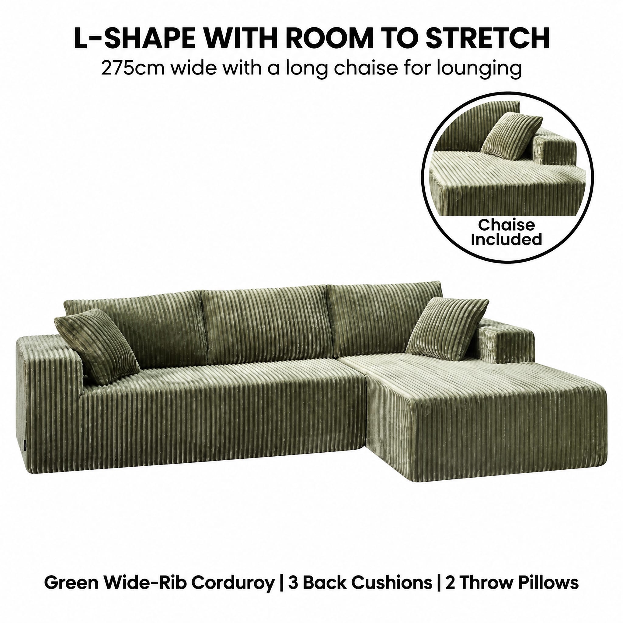 Corner Sofa Green Chaise 1x3cm