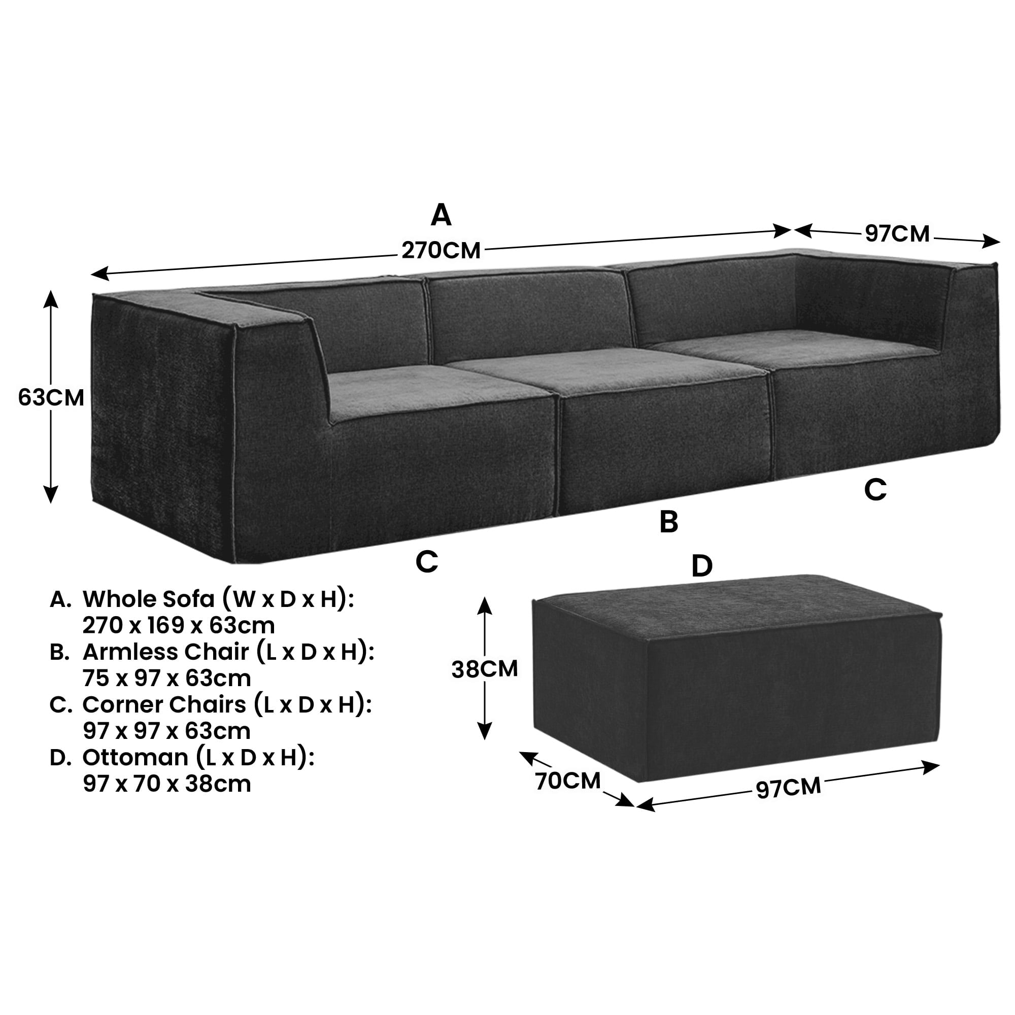 Modular Sofa Ottoman Charcoal 270x169x63cm