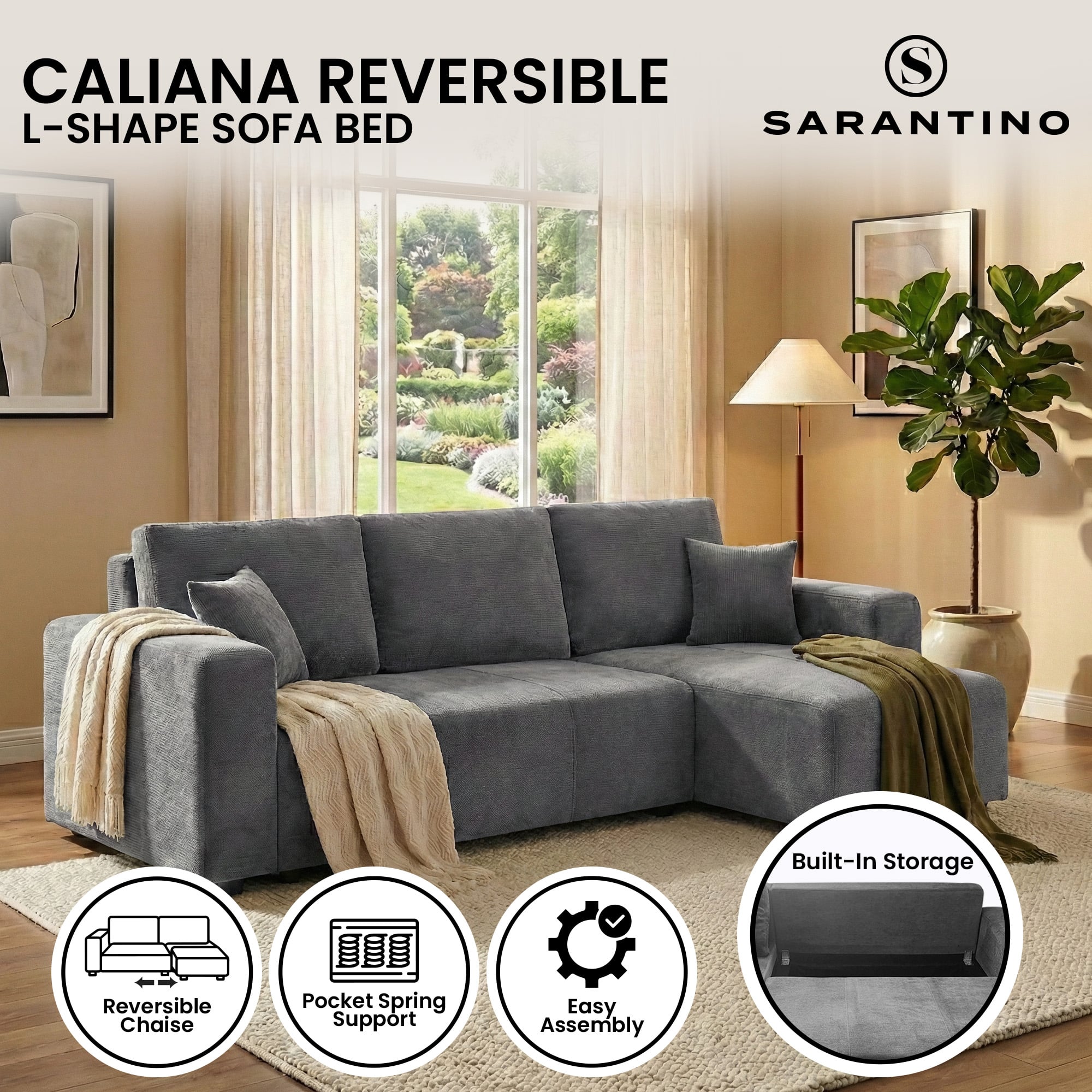 Grey L Shape Sofa Bed Storage 242x142cm