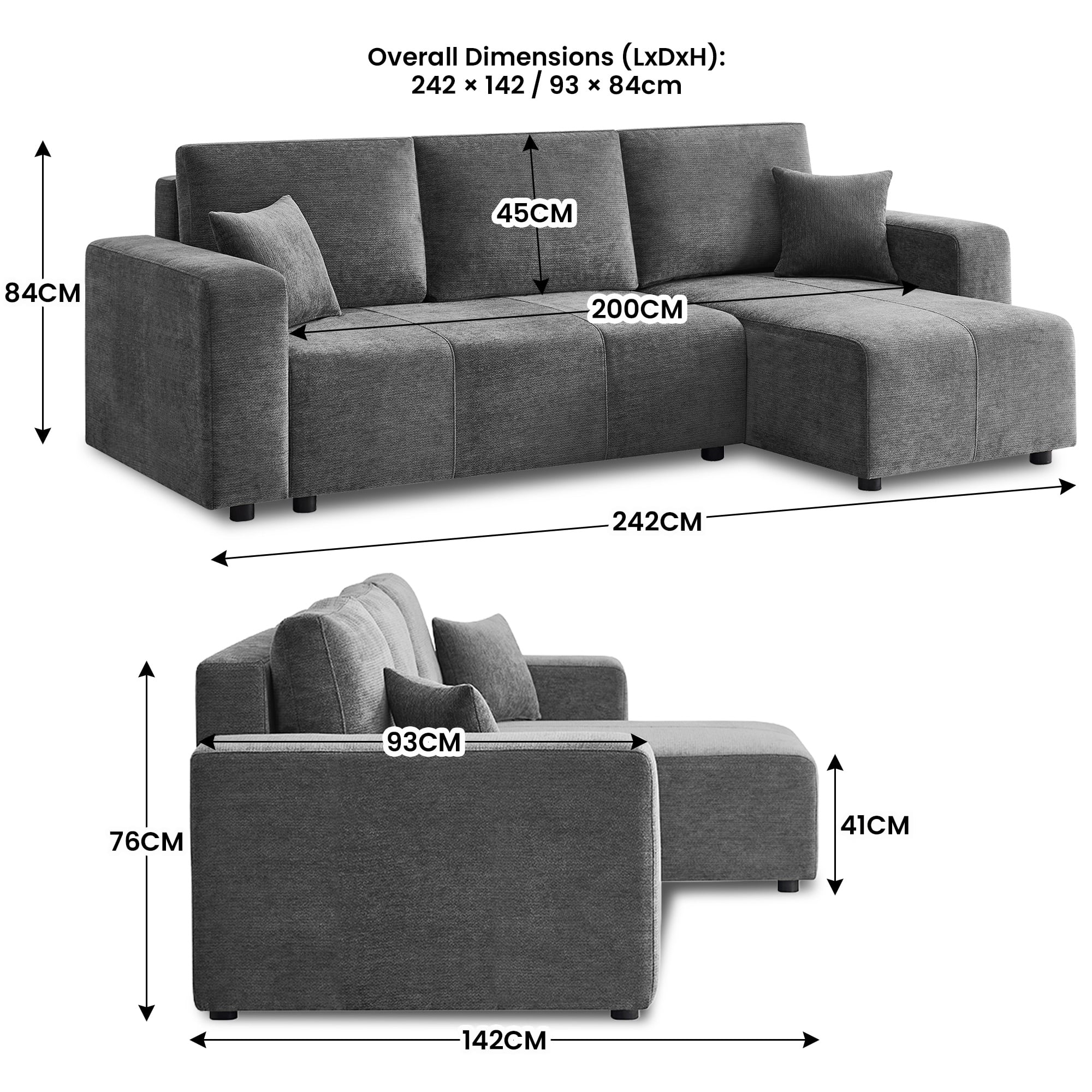 Grey L Shape Sofa Bed Storage 242x142cm