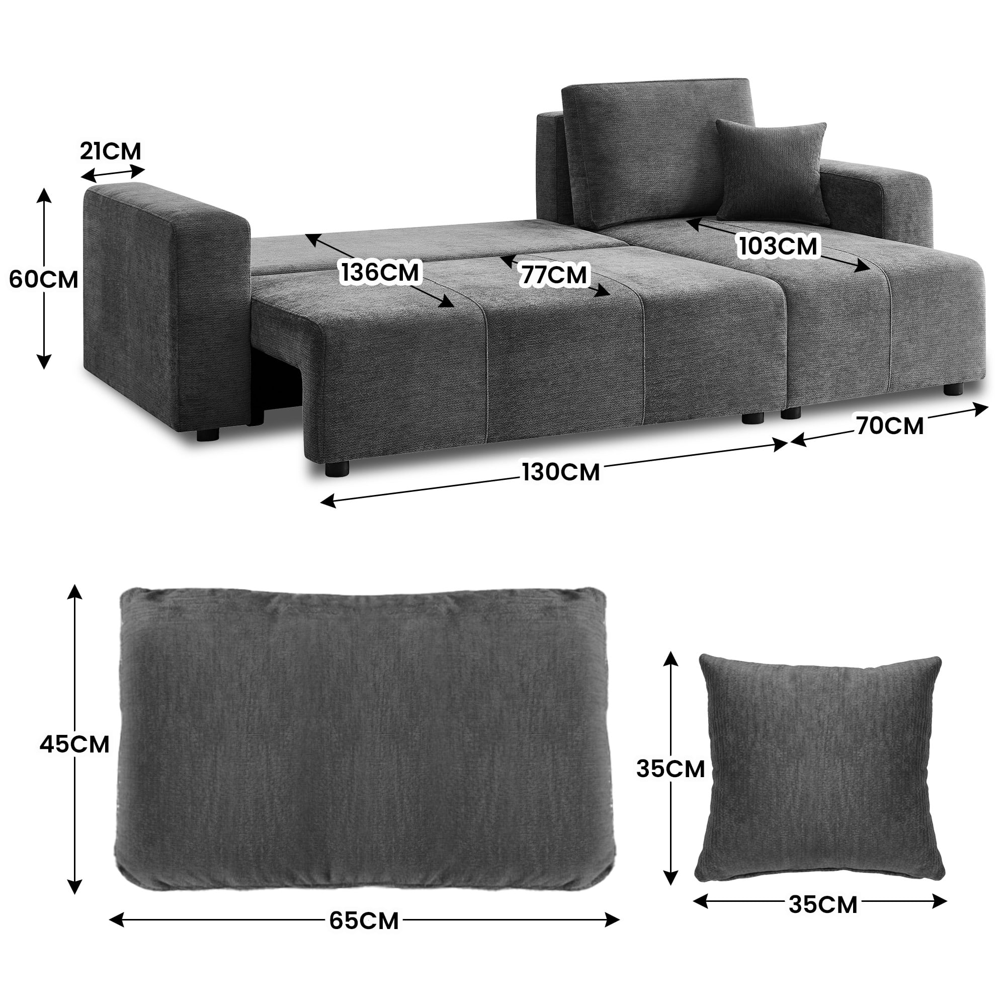 Grey L Shape Sofa Bed Storage 242x142cm