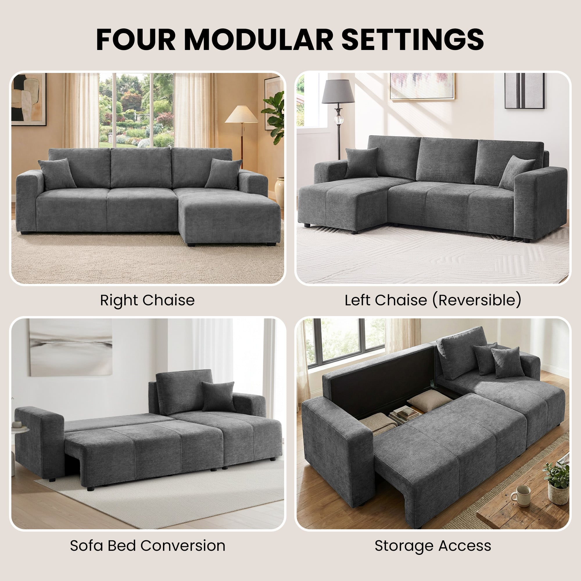 Grey L Shape Sofa Bed Storage 242x142cm