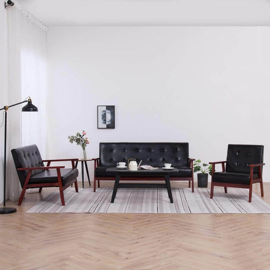 Black Leather Sofa Set - 3 Piece in Black Leather
