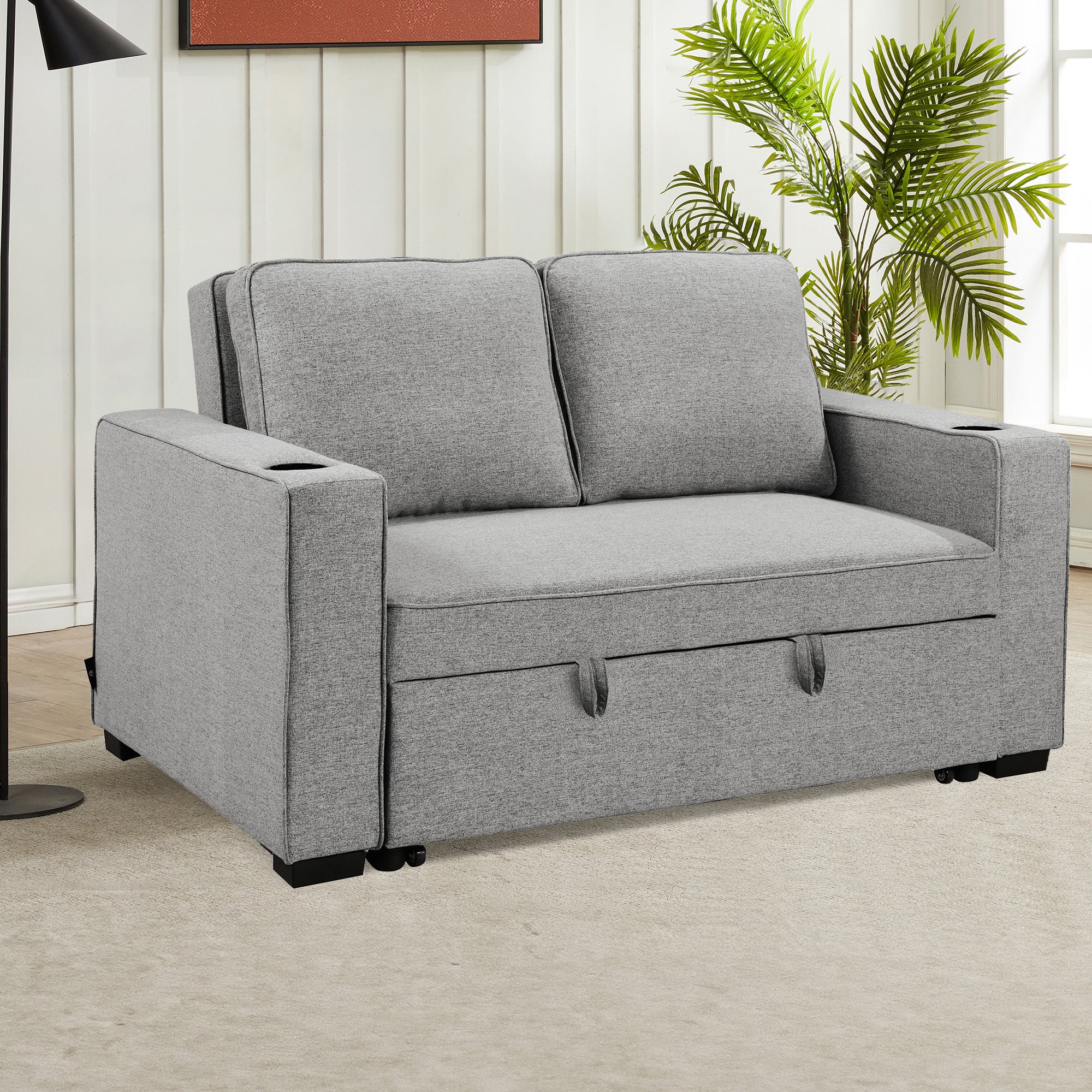 Linen Sofa Bed With Cup Holders 88x150x86cm