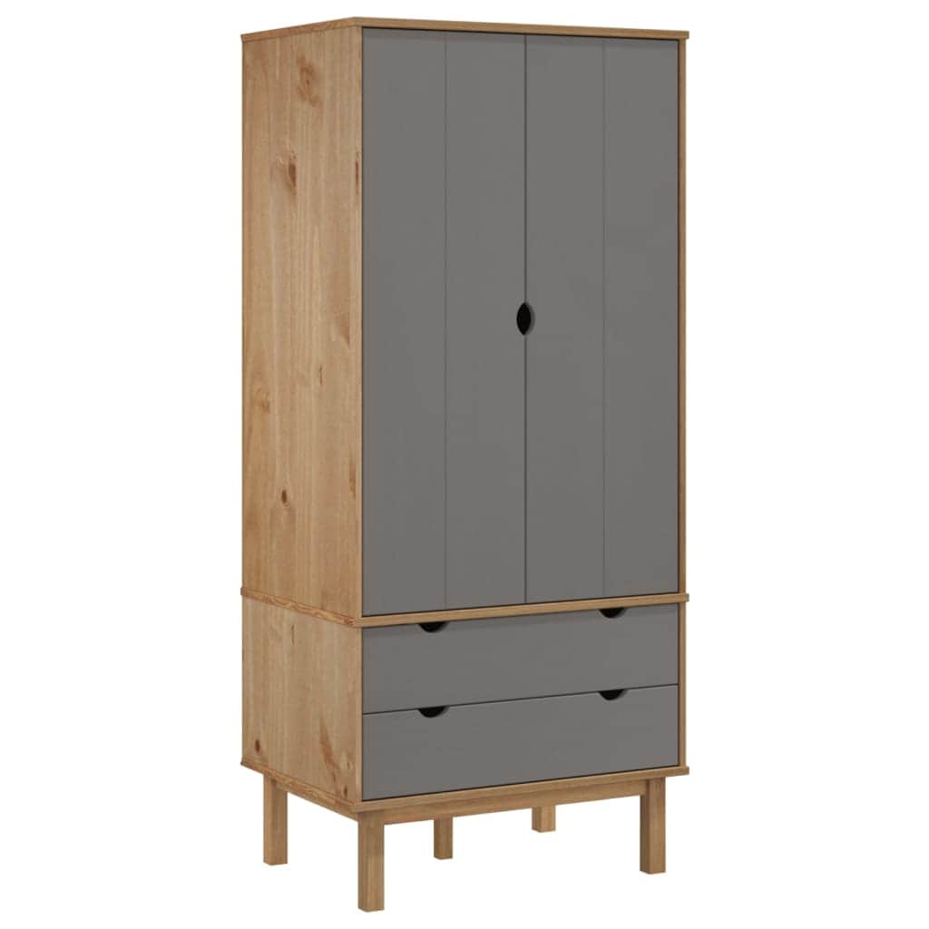 Solid Pine Wood Wardrobe Cabinet Freestanding Clothes Closet with Hanging Rail