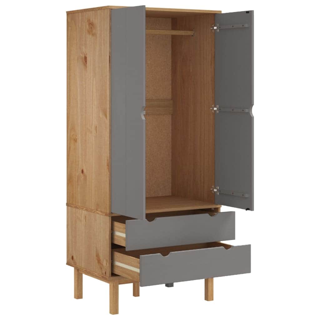 Solid Pine Wood Wardrobe Cabinet Freestanding Clothes Closet with Hanging Rail