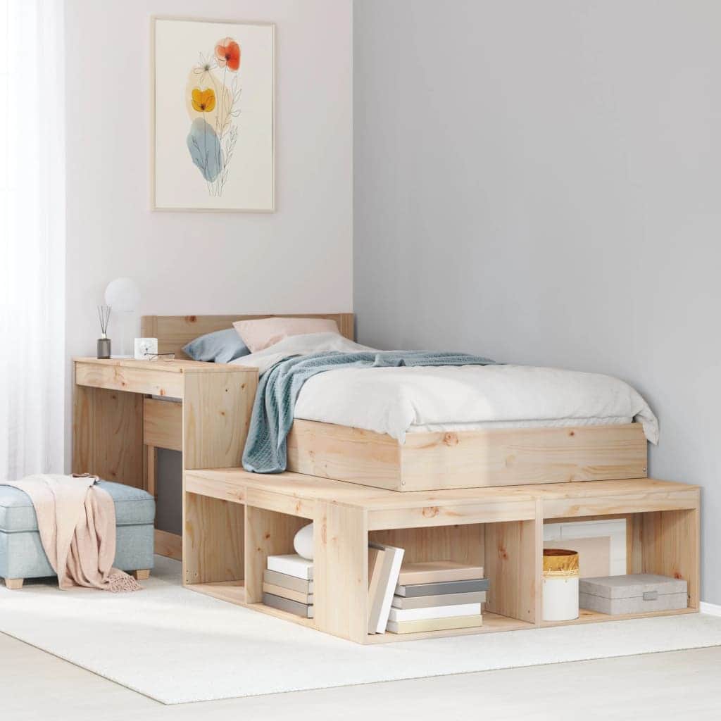 Solid Pinewood Bedside Cabinet with Desk L-Shaped Storage Unit 4 Compartments