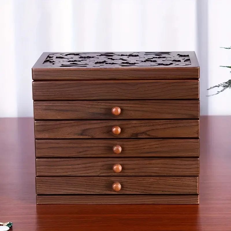 Solid Wood Jewelry Storage Box with Carved Flowers and Mirror - Perfect for Jewelry Organization and Display