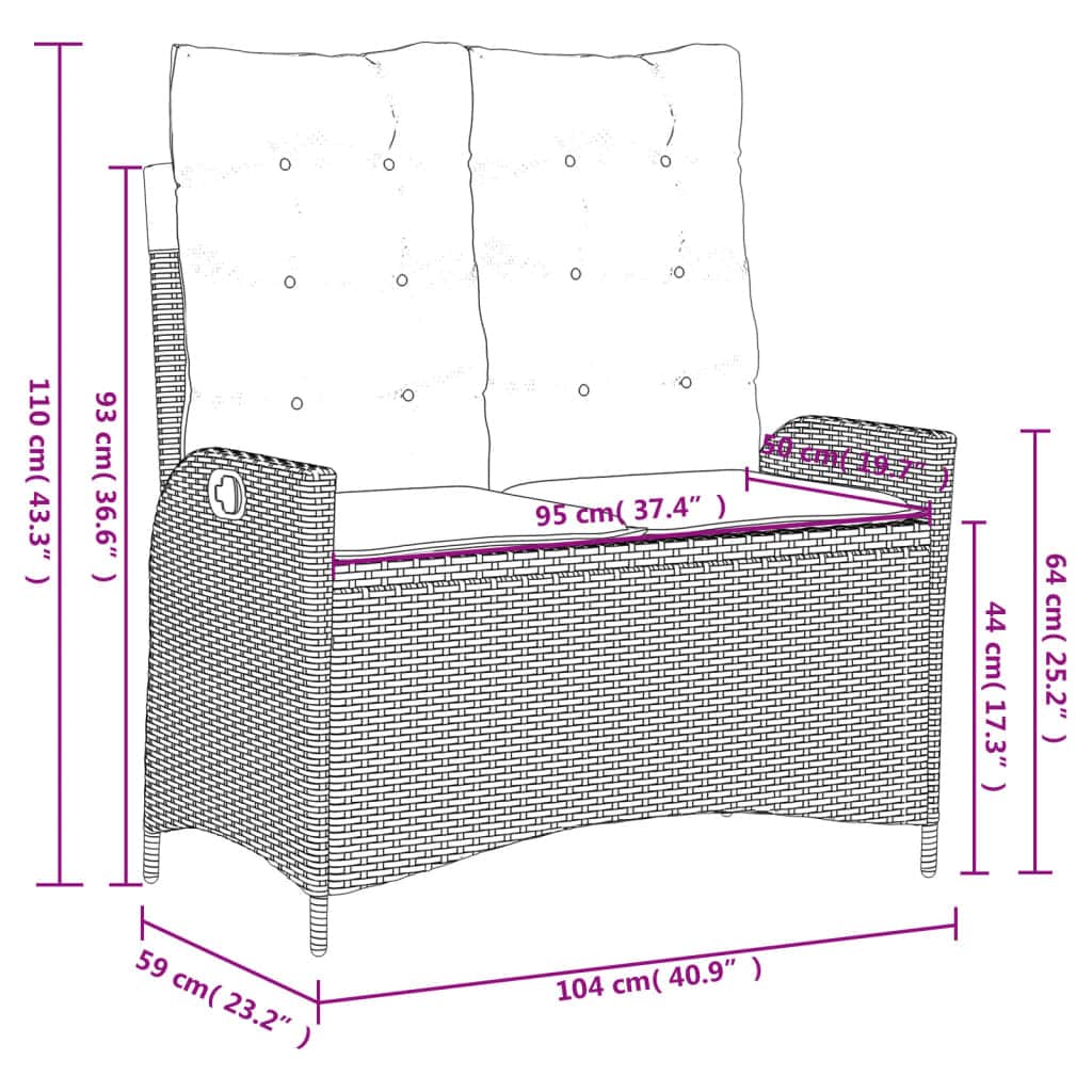 Space Saving Reclining Garden Bench with Cushions Relaxing Seating Summer
