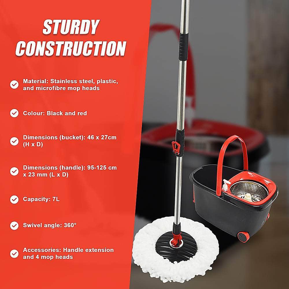 Spin Rotating Mop And Bucket Set - 4 Microfibre Mop Heads
