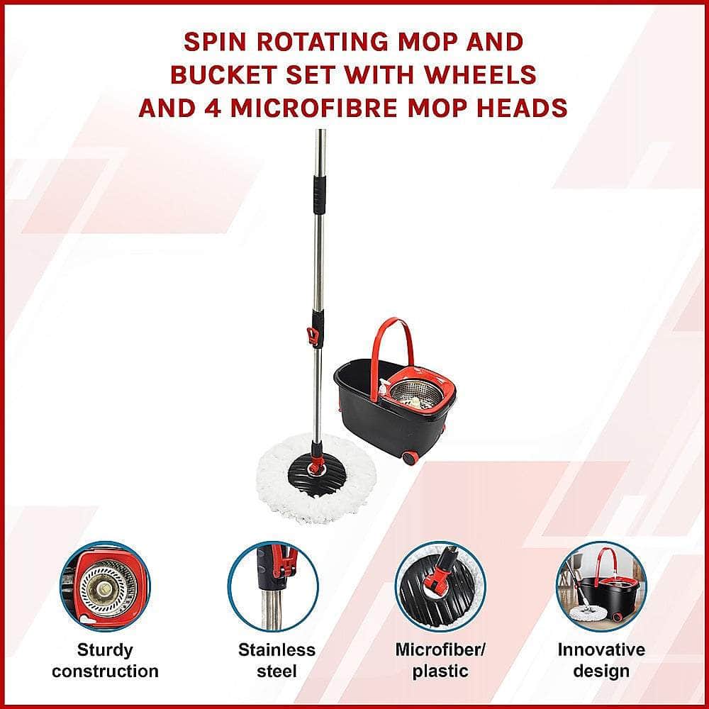 Spin Rotating Mop And Bucket Set - 4 Microfibre Mop Heads