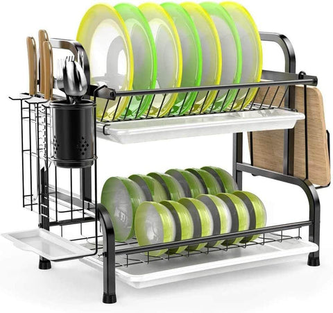 Stainless Steel 2-Tier Dish Drying Rack Cutting Board Holder & Dish Drainer Black