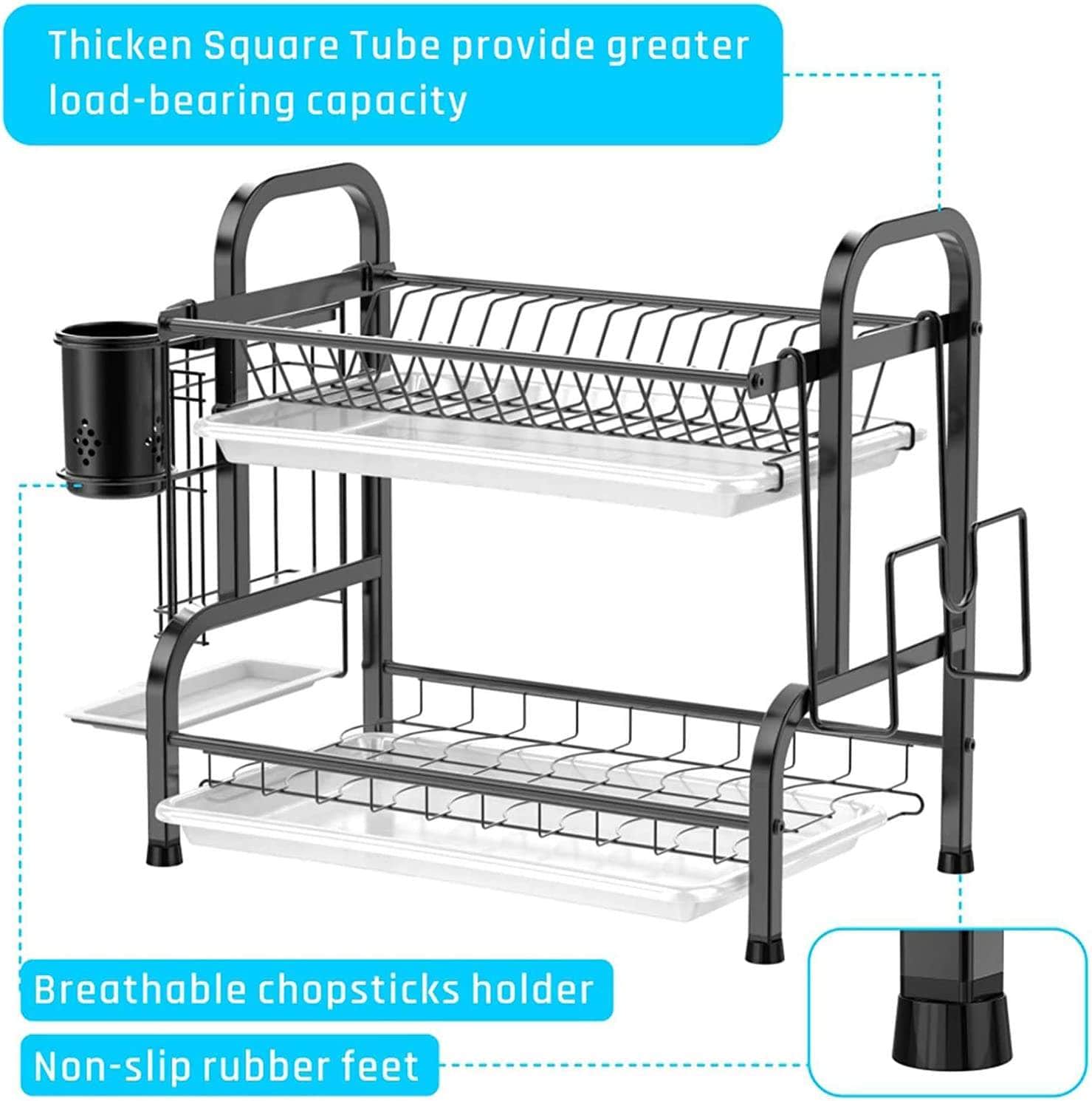 Stainless Steel 2-Tier Dish Drying Rack Cutting Board Holder & Dish Drainer Black