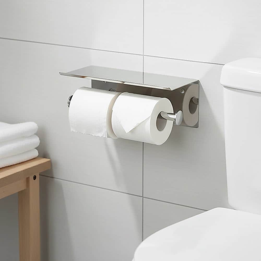 Stainless Steel Double Toilet Paper Holder Towel Roll Tissue Rack Storage Shelf