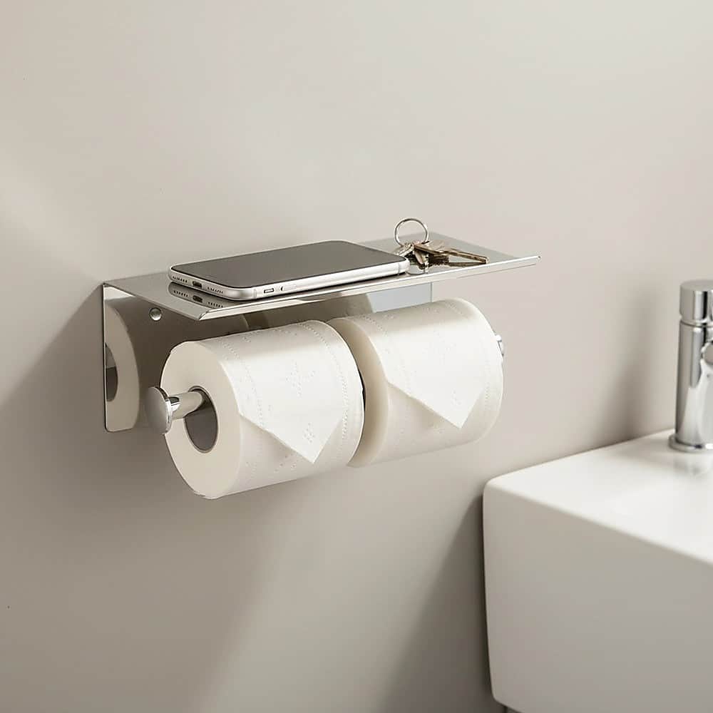 Stainless Steel Double Toilet Paper Holder Towel Roll Tissue Rack Storage Shelf