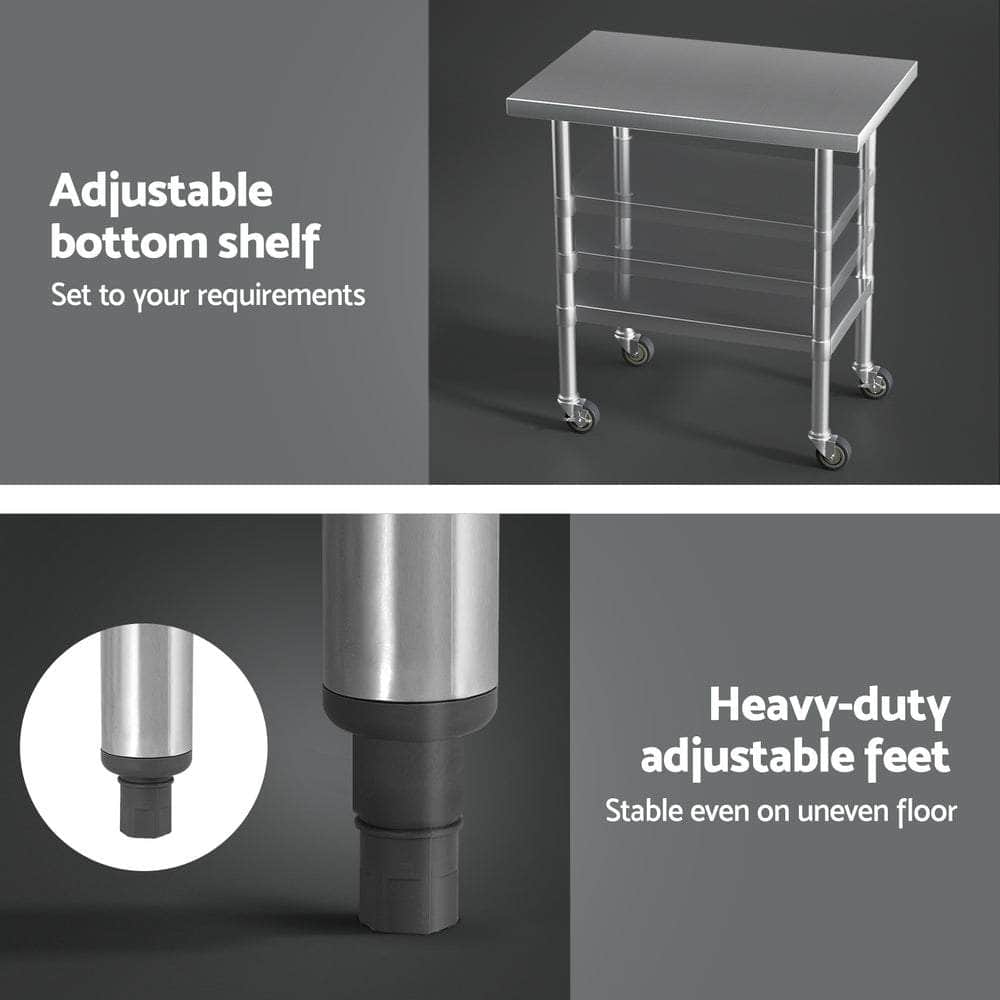 Stainless Steel Kitchen Benches Work Bench Wheels 91X61Cm 430