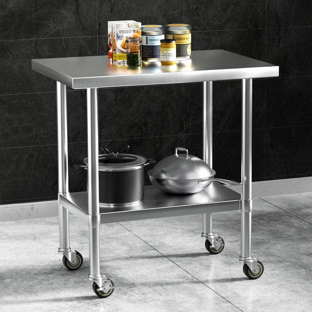 Stainless Steel Kitchen Benches Work Bench Wheels 91X61Cm 430