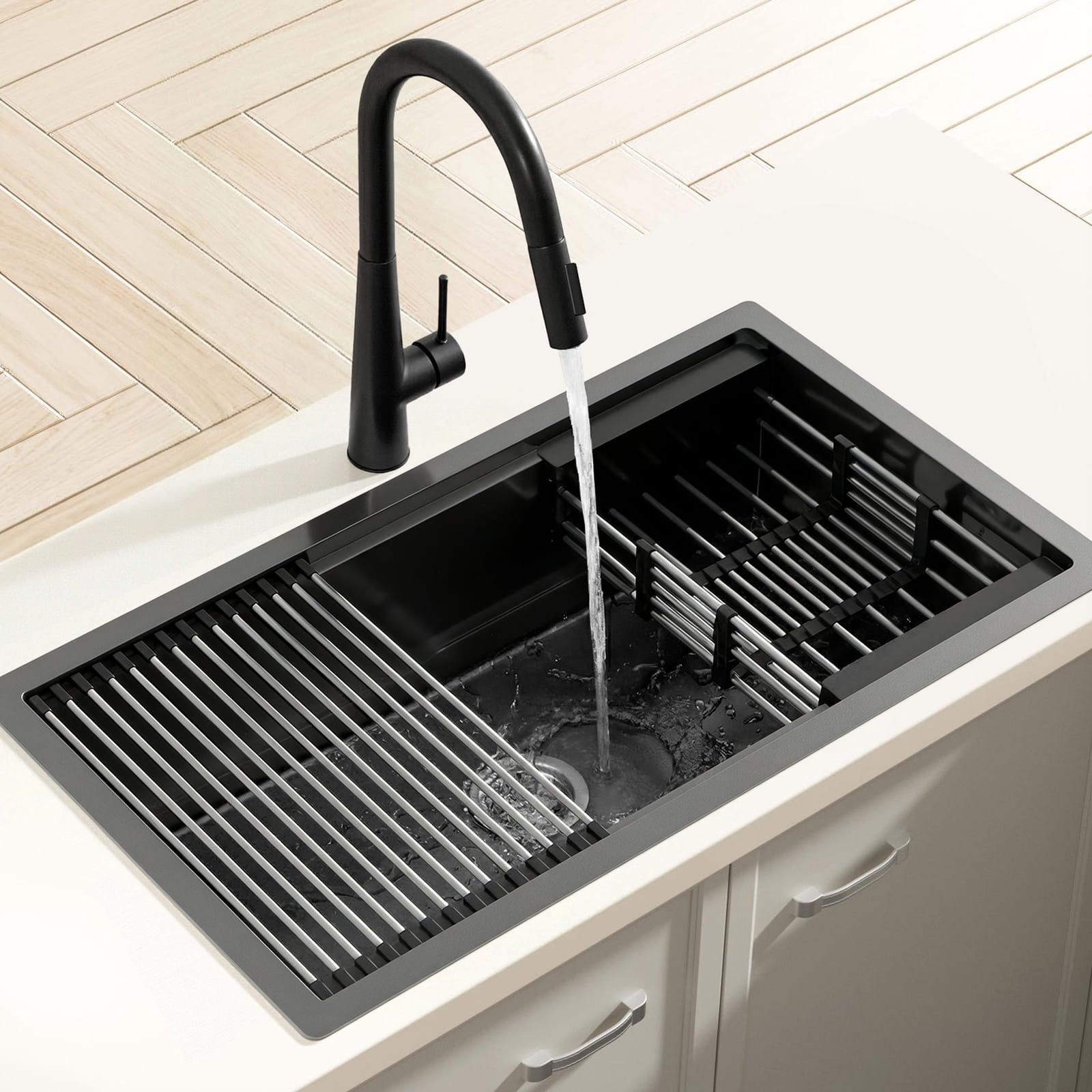 Stainless Steel Kitchen Sink 70x45cm Single Bowl Black Pull-Out Tap, Black colour