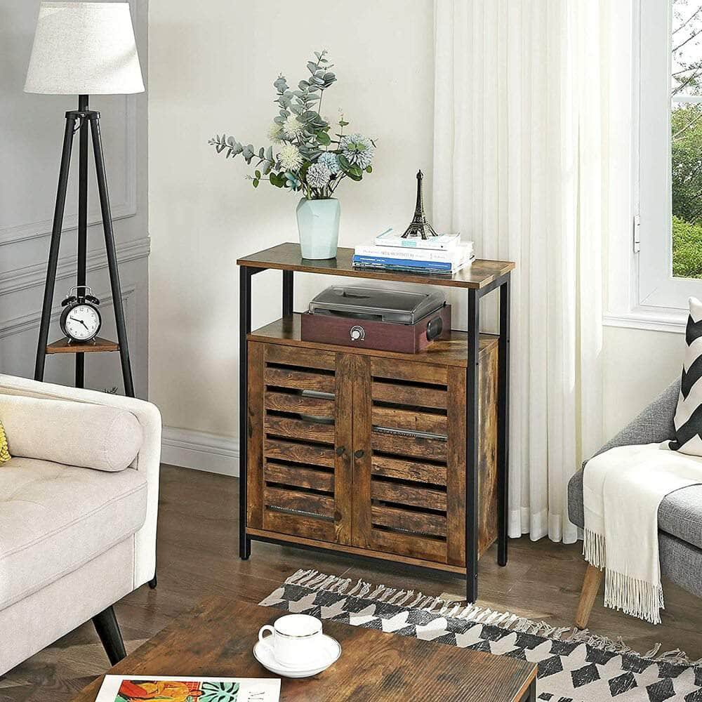 Standing Cabinet Storage Accent Side with Shelf Cupboard with Louvred Doors Rustic Brown