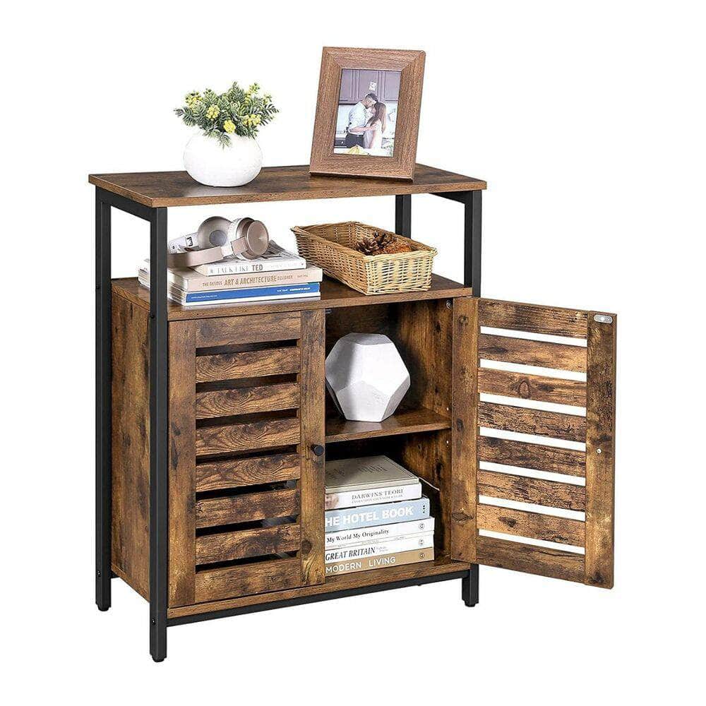 Standing Cabinet Storage Accent Side with Shelf Cupboard with Louvred Doors Rustic Brown
