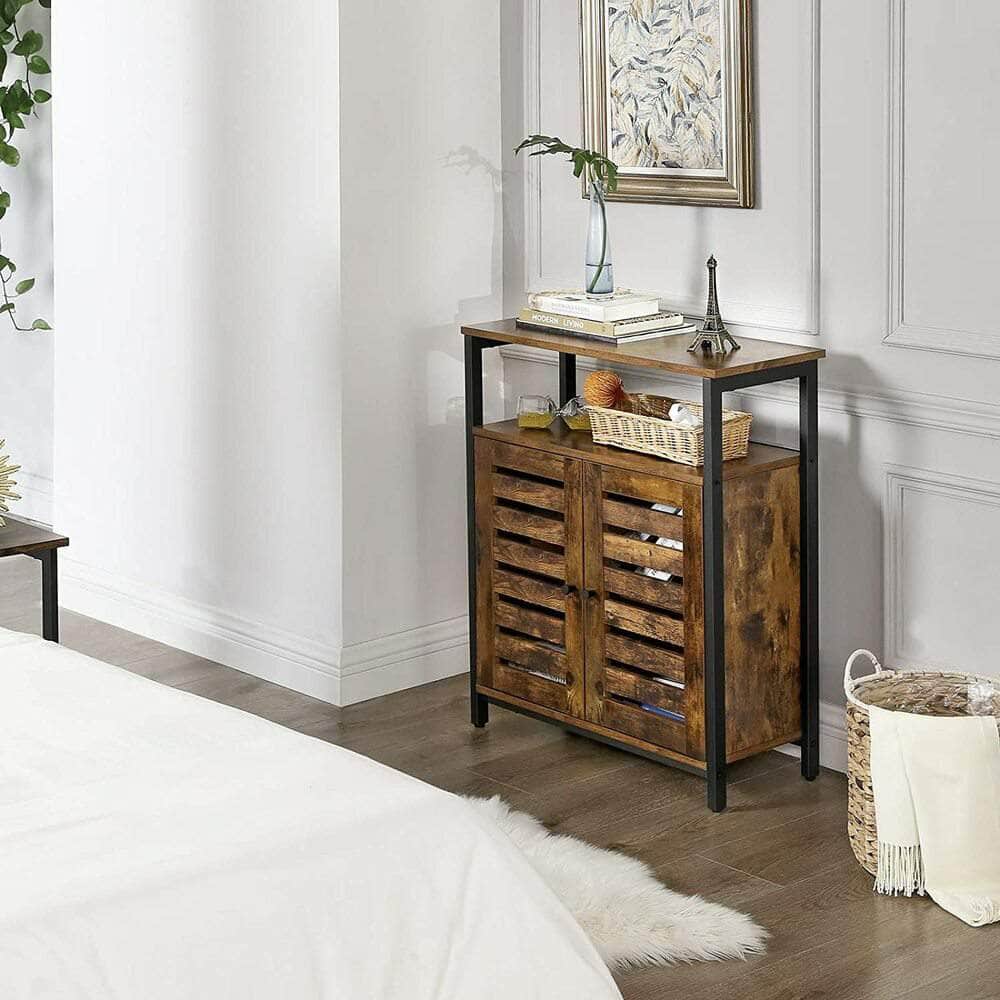 Standing Cabinet Storage Accent Side with Shelf Cupboard with Louvred Doors Rustic Brown