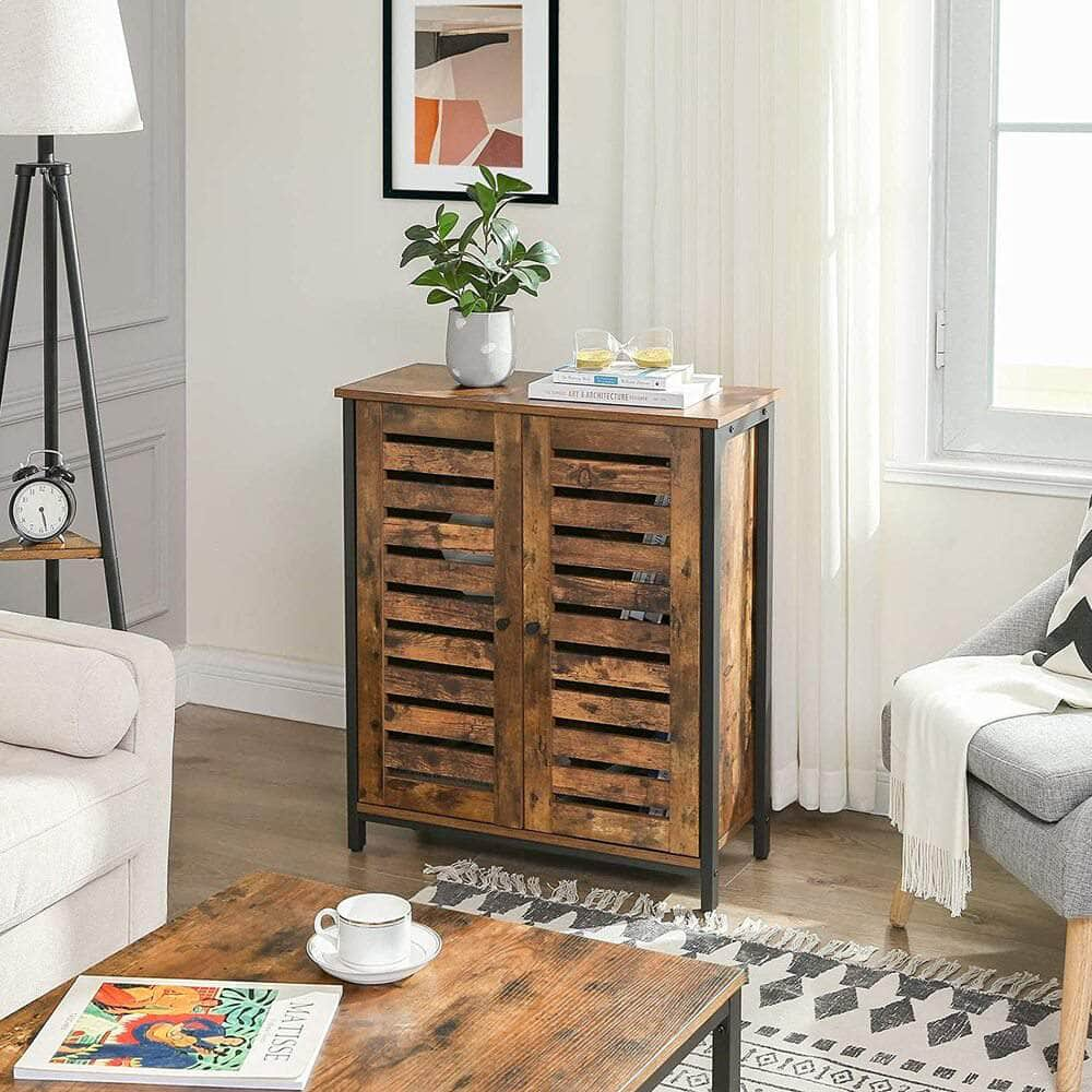 Standing Cabinet Storage Cupboard Accent Side Sideboard with Louvred Doors Rustic Brown