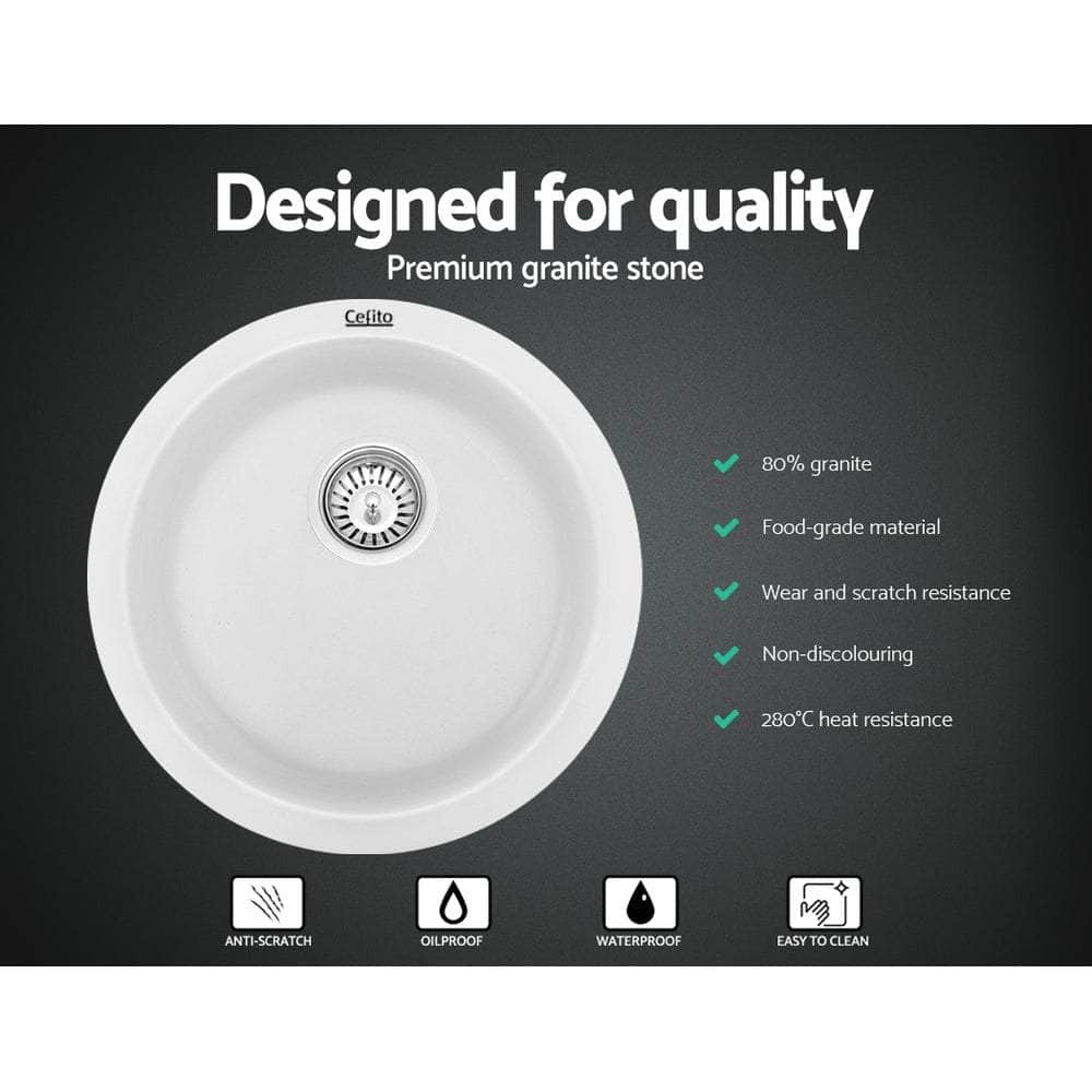 Stone Kitchen Sink Round 430Mm Granite Under/Topmount Basin Bowl Laundry White