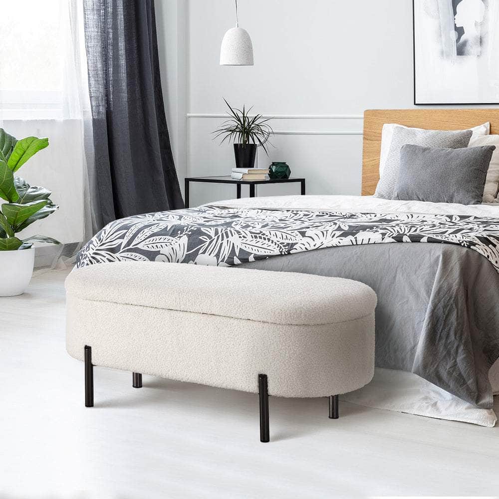 Storage Ottoman Bench Oval Blanket Linen/Sherpa