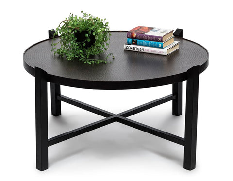 Stylish and Elegant Black Round Coffee Table with Engraved Copper Finish