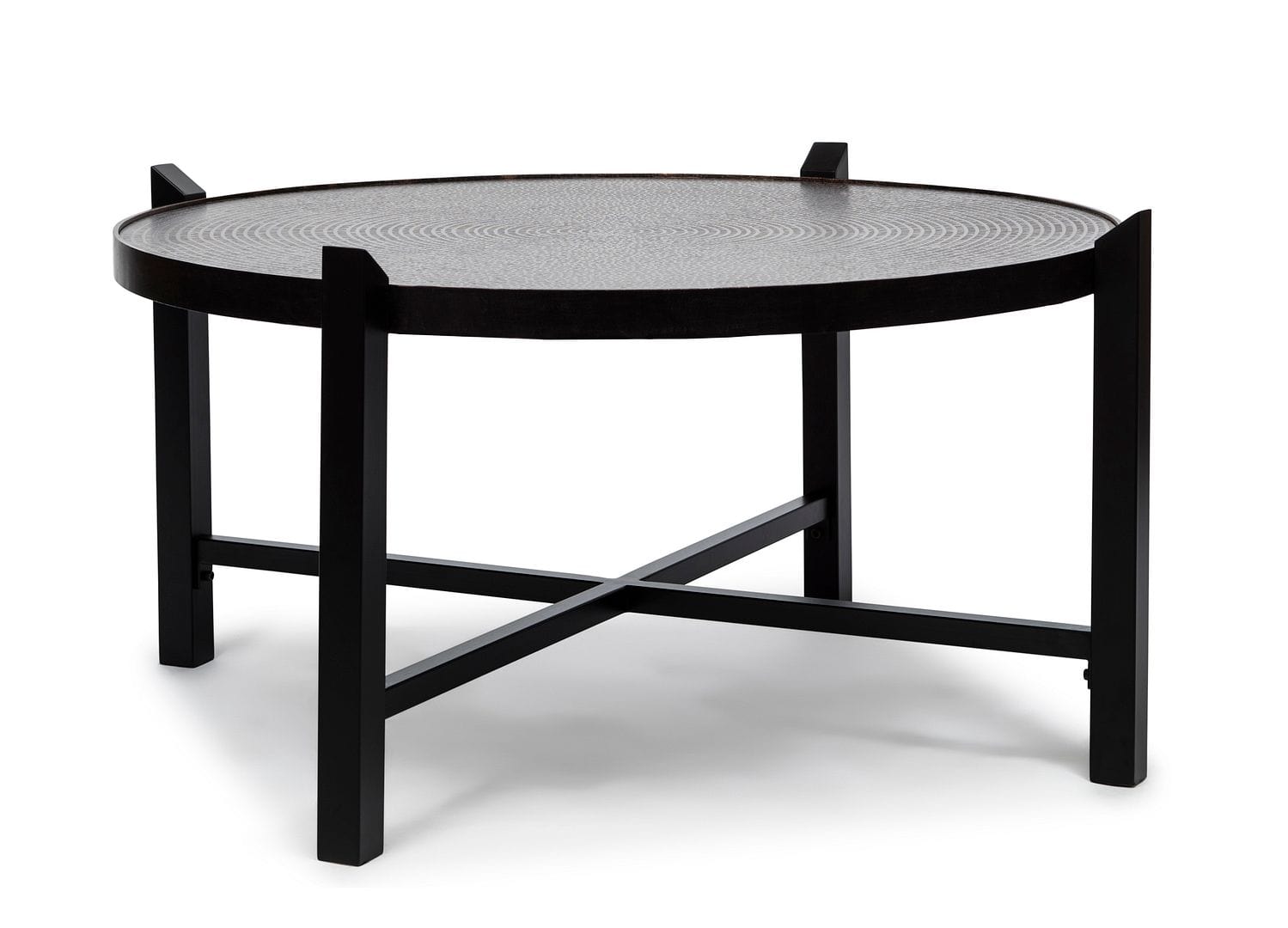 Stylish and Elegant Black Round Coffee Table with Engraved Copper Finish