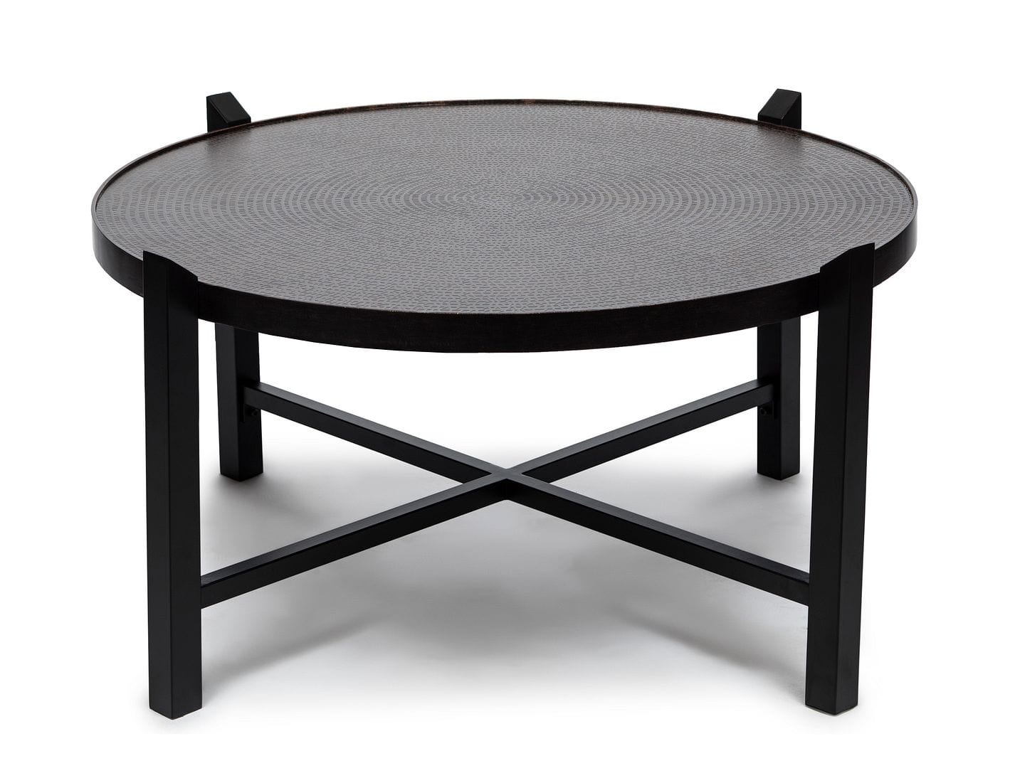 Stylish and Elegant Black Round Coffee Table with Engraved Copper Finish