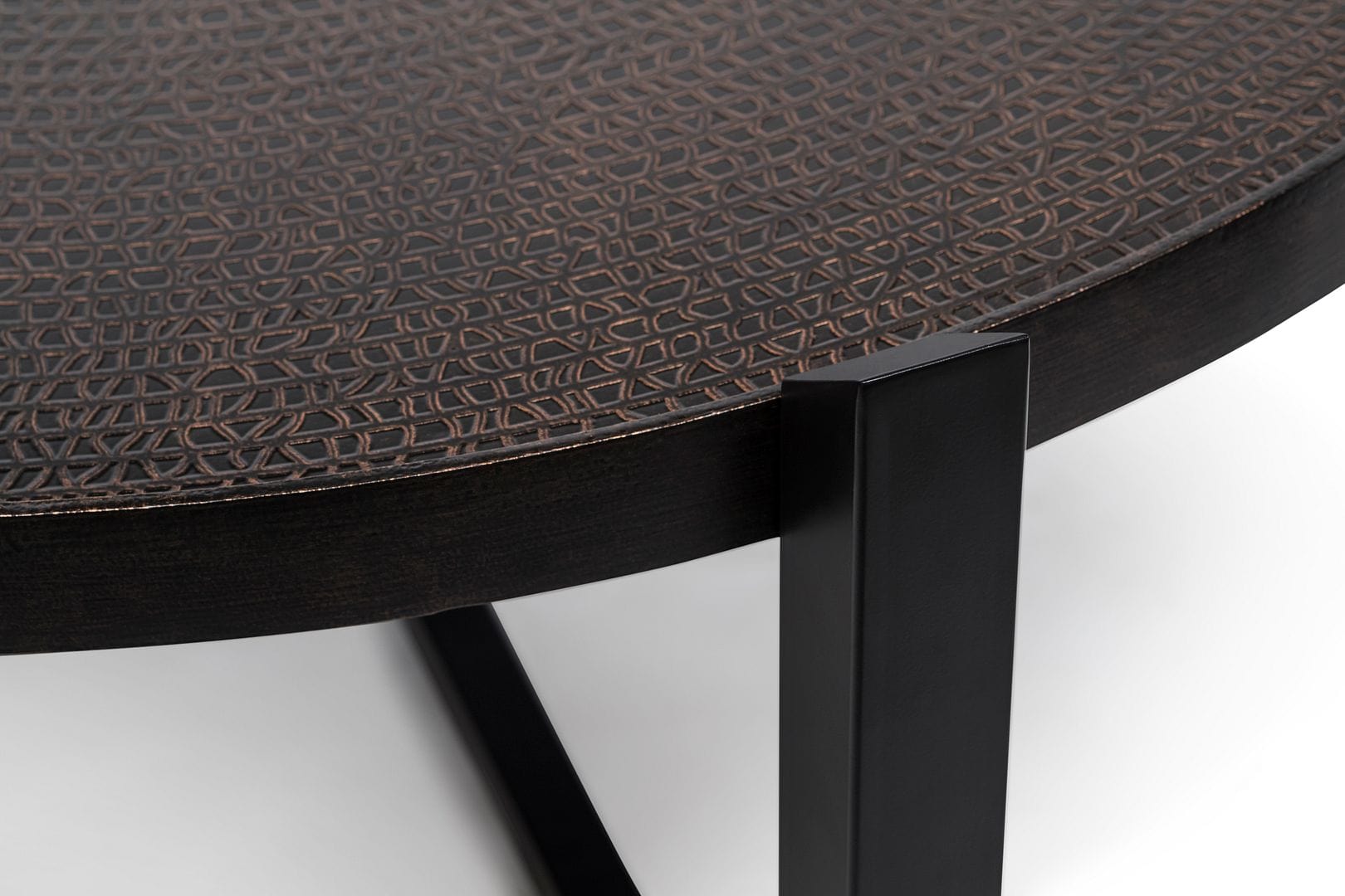 Stylish and Elegant Black Round Coffee Table with Engraved Copper Finish