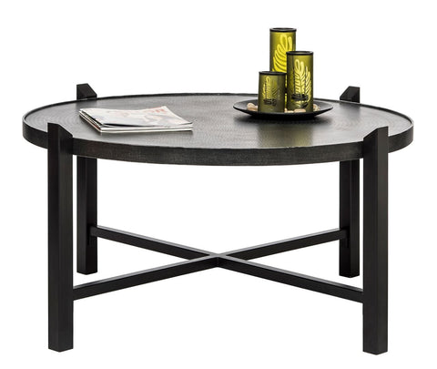 Stylish and Elegant Black Round Coffee Table with Engraved Silver Finish