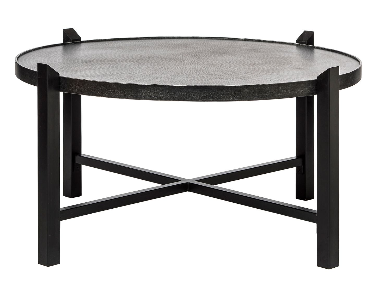 Stylish and Elegant Black Round Coffee Table with Engraved Silver Finish