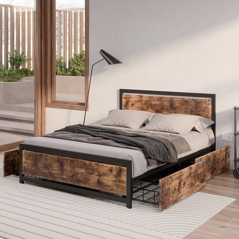 Stylish and Functional: Wooden 4-Drawer Double/Queen Bed Frame with Industrial Touch