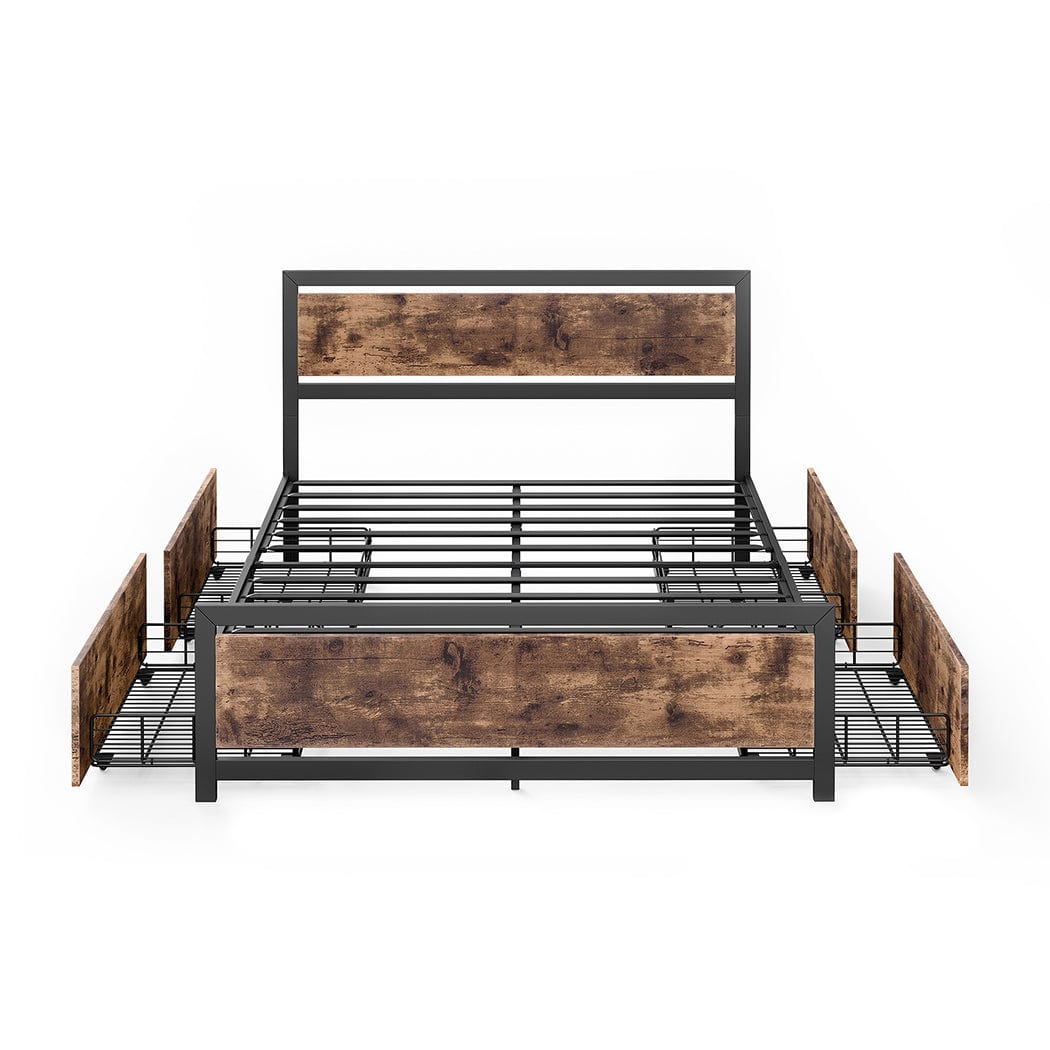 Stylish and Functional: Wooden 4-Drawer Double/Queen Bed Frame with Industrial Touch