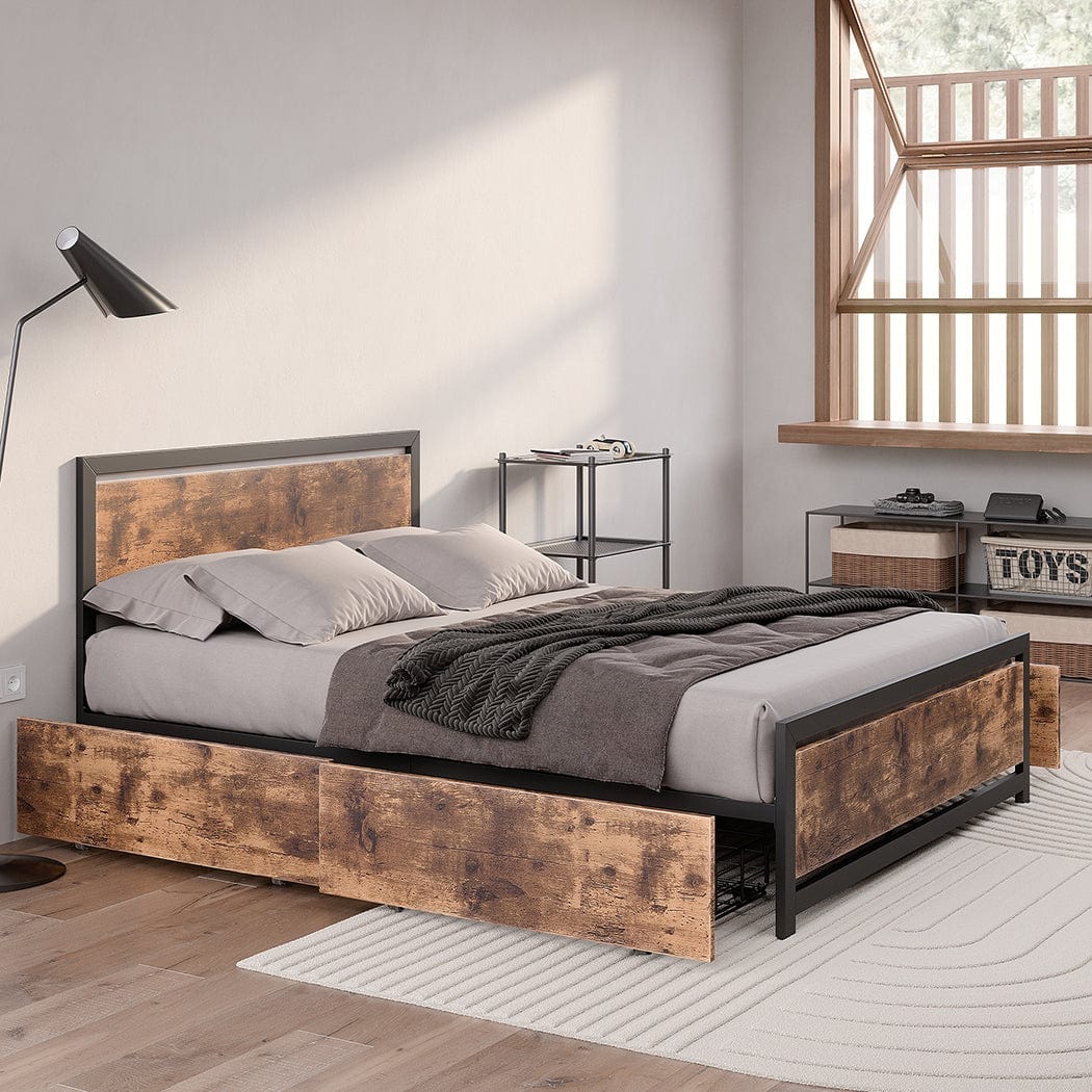 Stylish and Functional: Wooden 4-Drawer Double/Queen Bed Frame with Industrial Touch