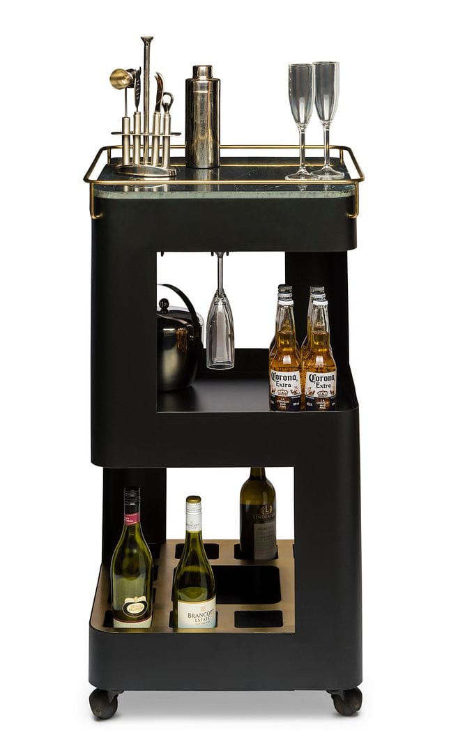 Stylish Black Gold Drinks Trolley Bar Cart with Marble Top