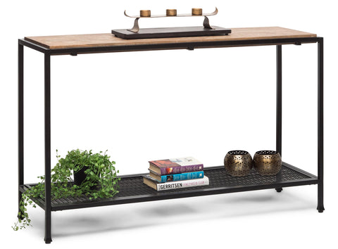 Stylish Black Iron Console Table with Distressed Wood Top for Hallways