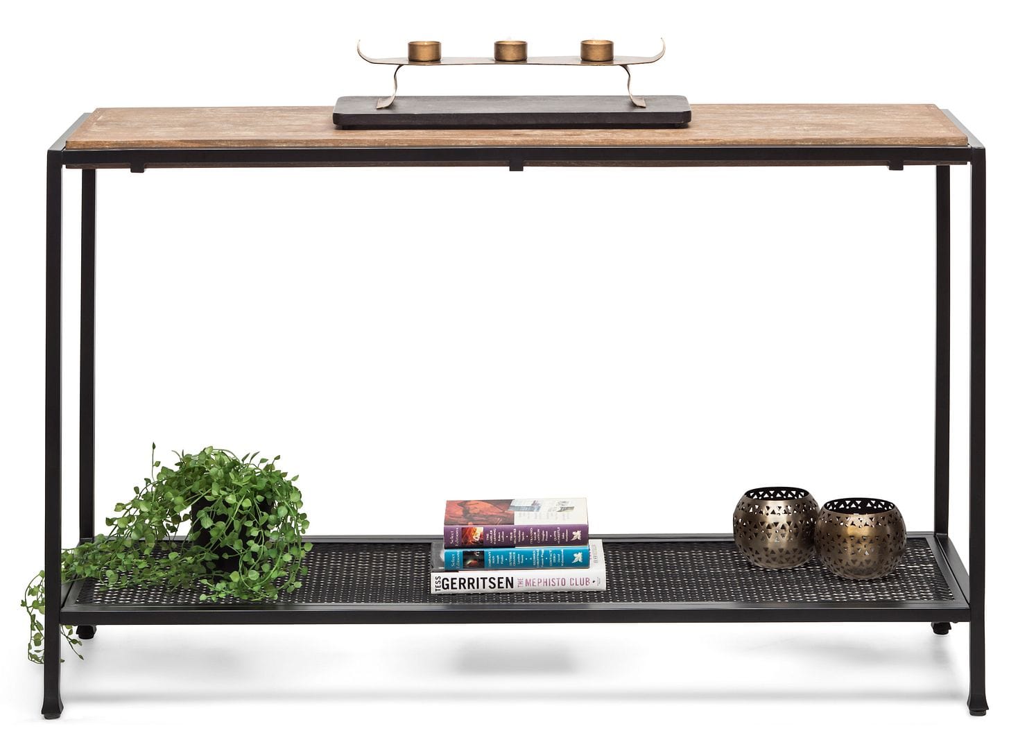 Stylish Black Iron Console Table with Distressed Wood Top for Hallways