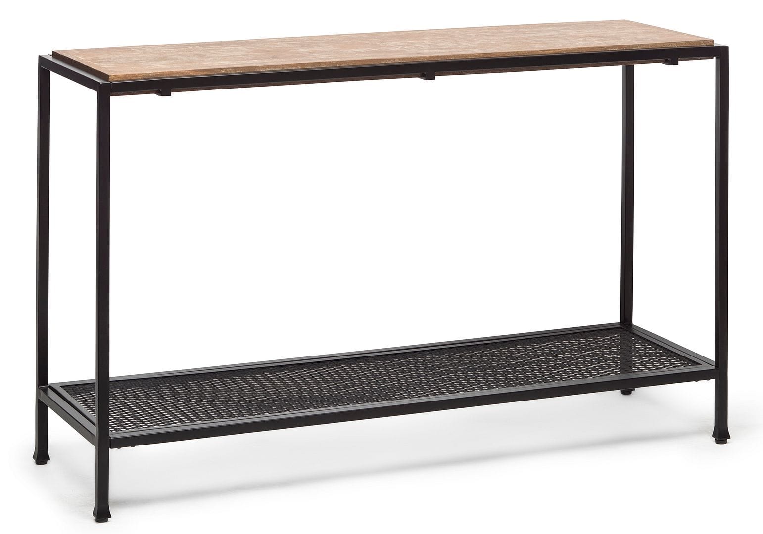 Stylish Black Iron Console Table with Distressed Wood Top for Hallways