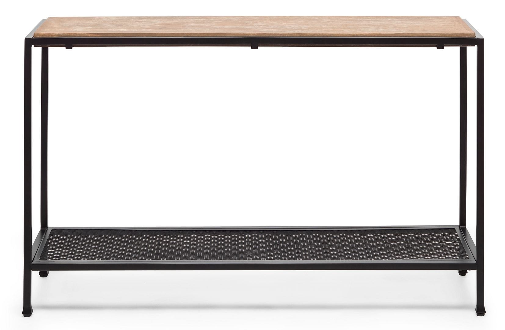 Stylish Black Iron Console Table with Distressed Wood Top for Hallways