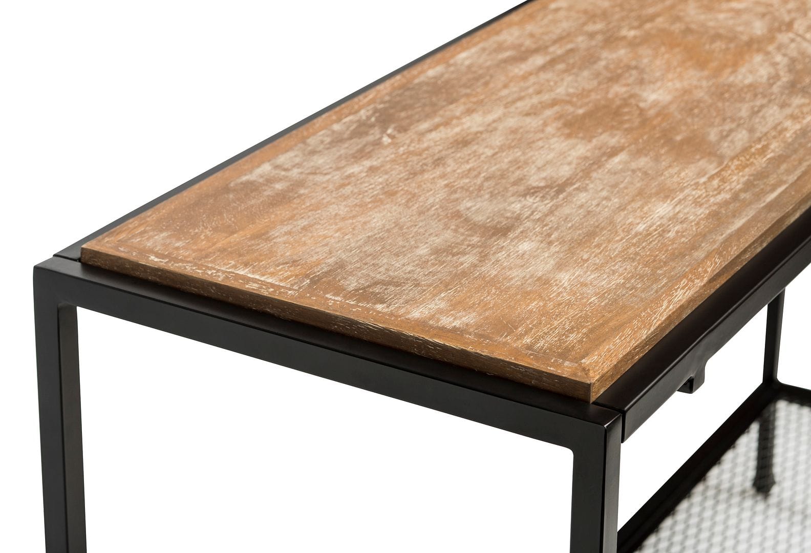 Stylish Black Iron Console Table with Distressed Wood Top for Hallways