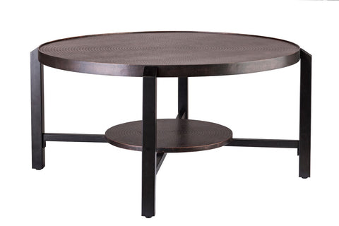 Stylish Black Round Coffee Table with Copper Finish Top and Storage Shelf