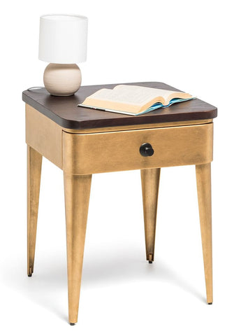 Stylish Brass Finish Bedside Table with Storage Drawer and Wood Top