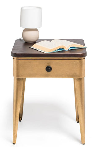 Bedside Table In Brass Finish With Storage Drawer And Wood Top