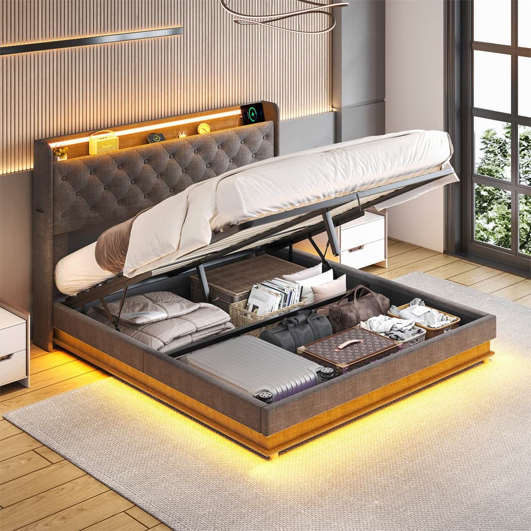 Stylish Double Bed Frame Gas Lift LED Light  Premium Quality Build
